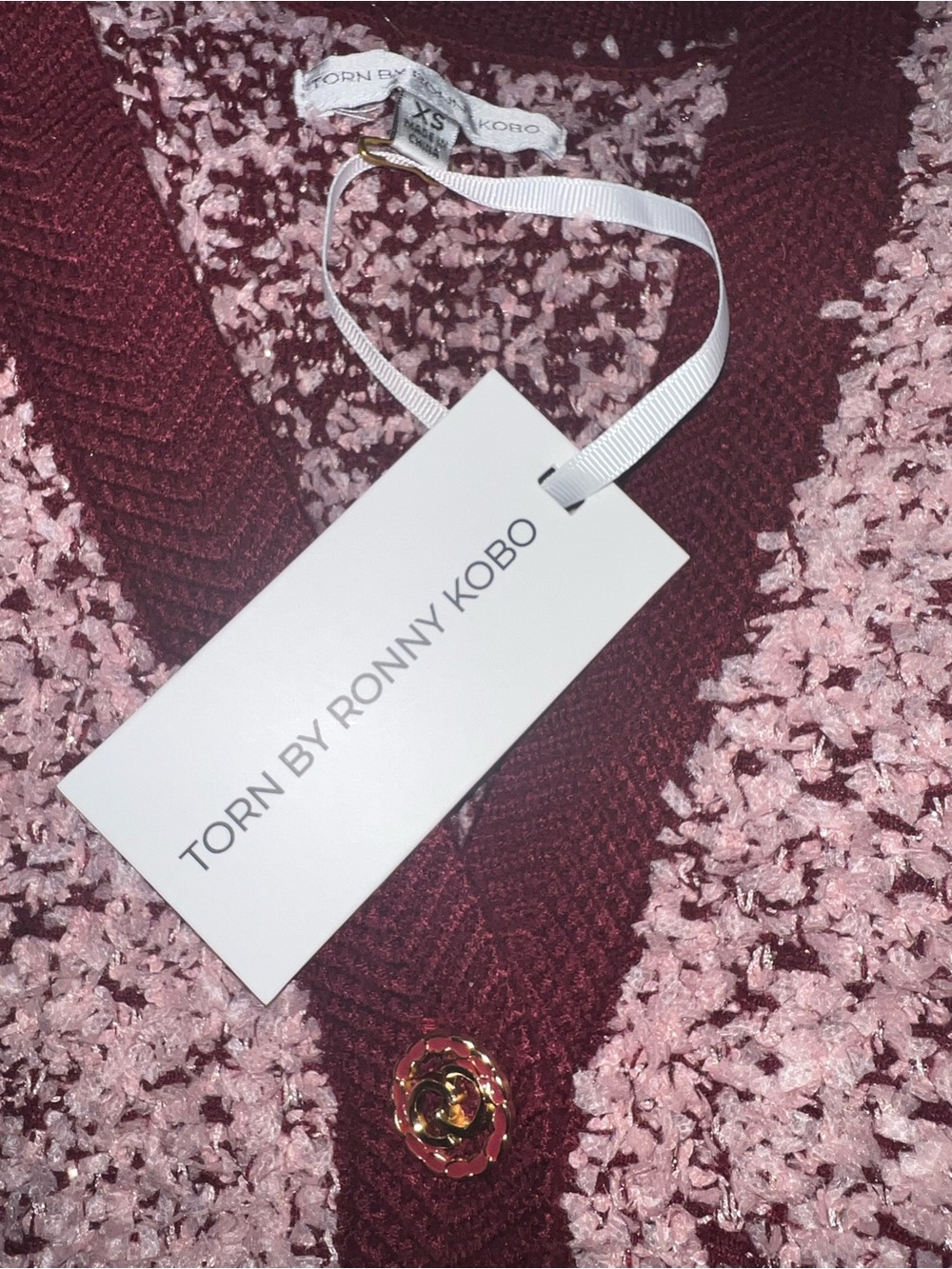 Torn by Ronny Kobo Pink & Burgundy Shag Knit Cardigan with Gold Button